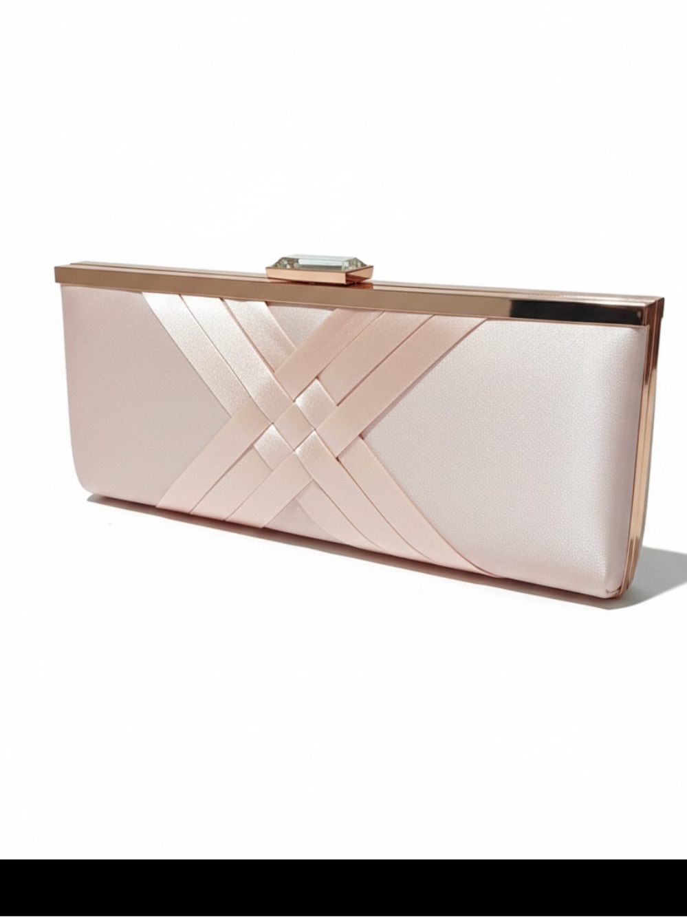 INC International Concepts Champagne Satin Criss-Cross Crystal Clutch New